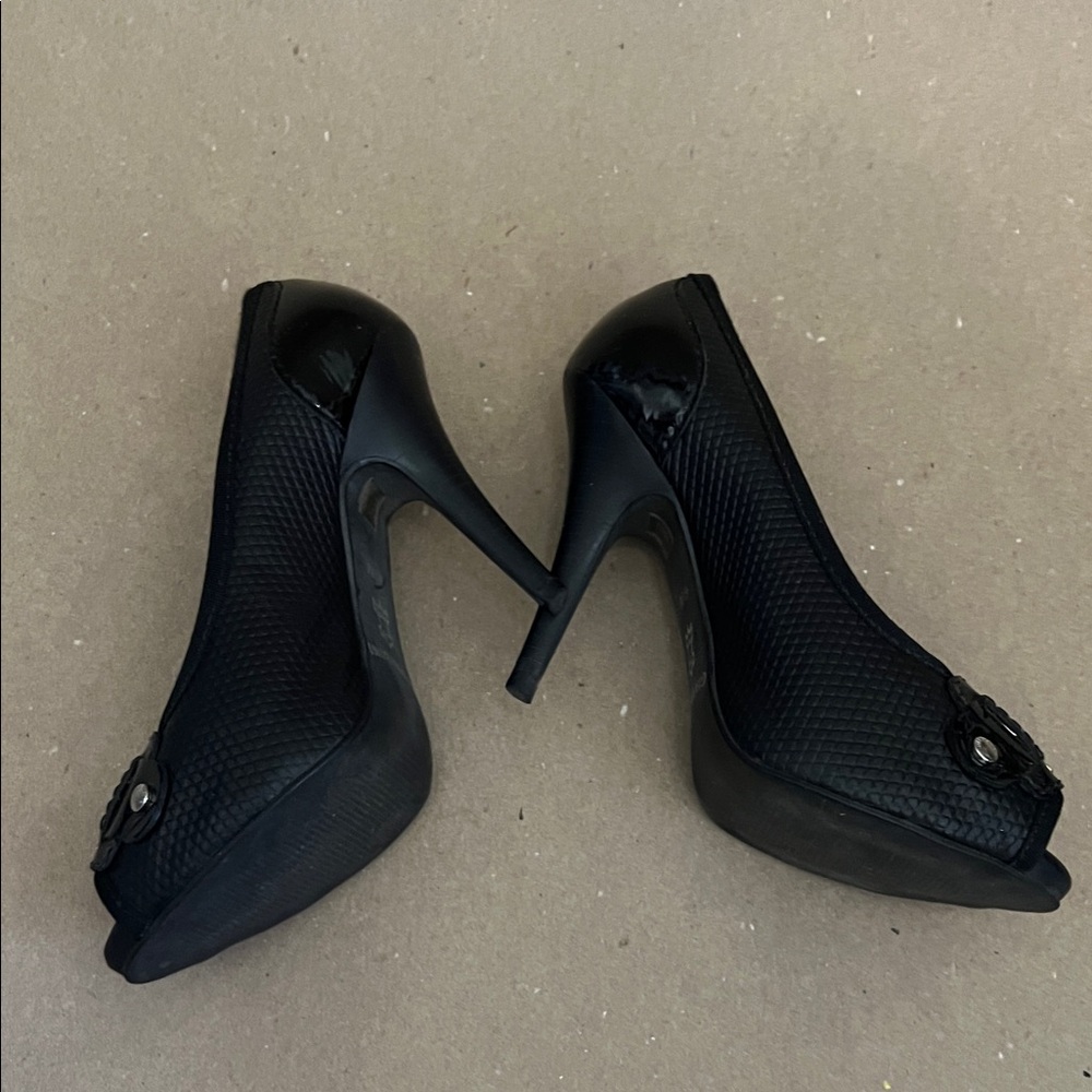 Gianni Bini Black Peep-Toe Heels with Silver Buckle - Picture 3 of 5